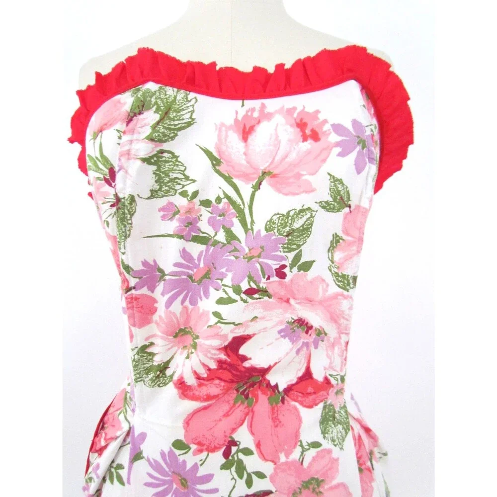 Vtg 1950s Strapless Hostess Apron Boned Floral Cotton Sweetheart Red Ruffle